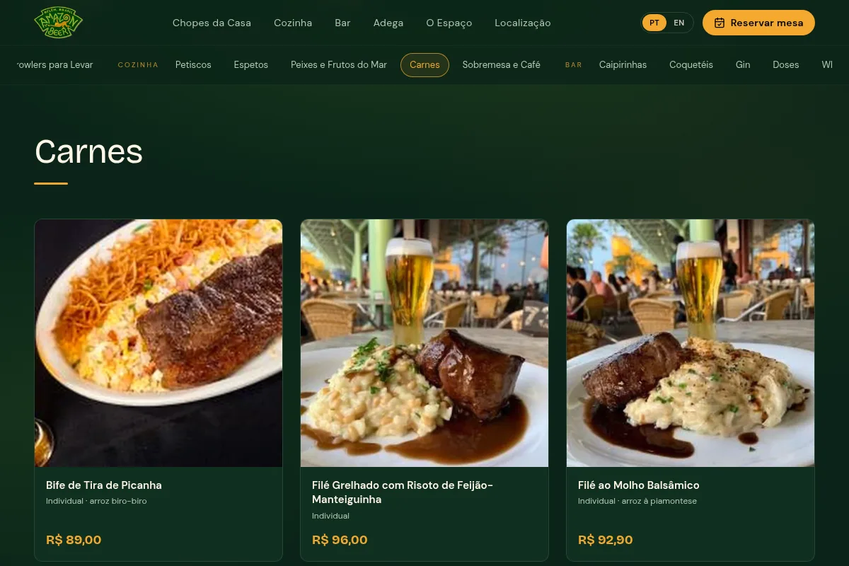 Cardápio da Amazon Beer com fotos dos pratos e preços