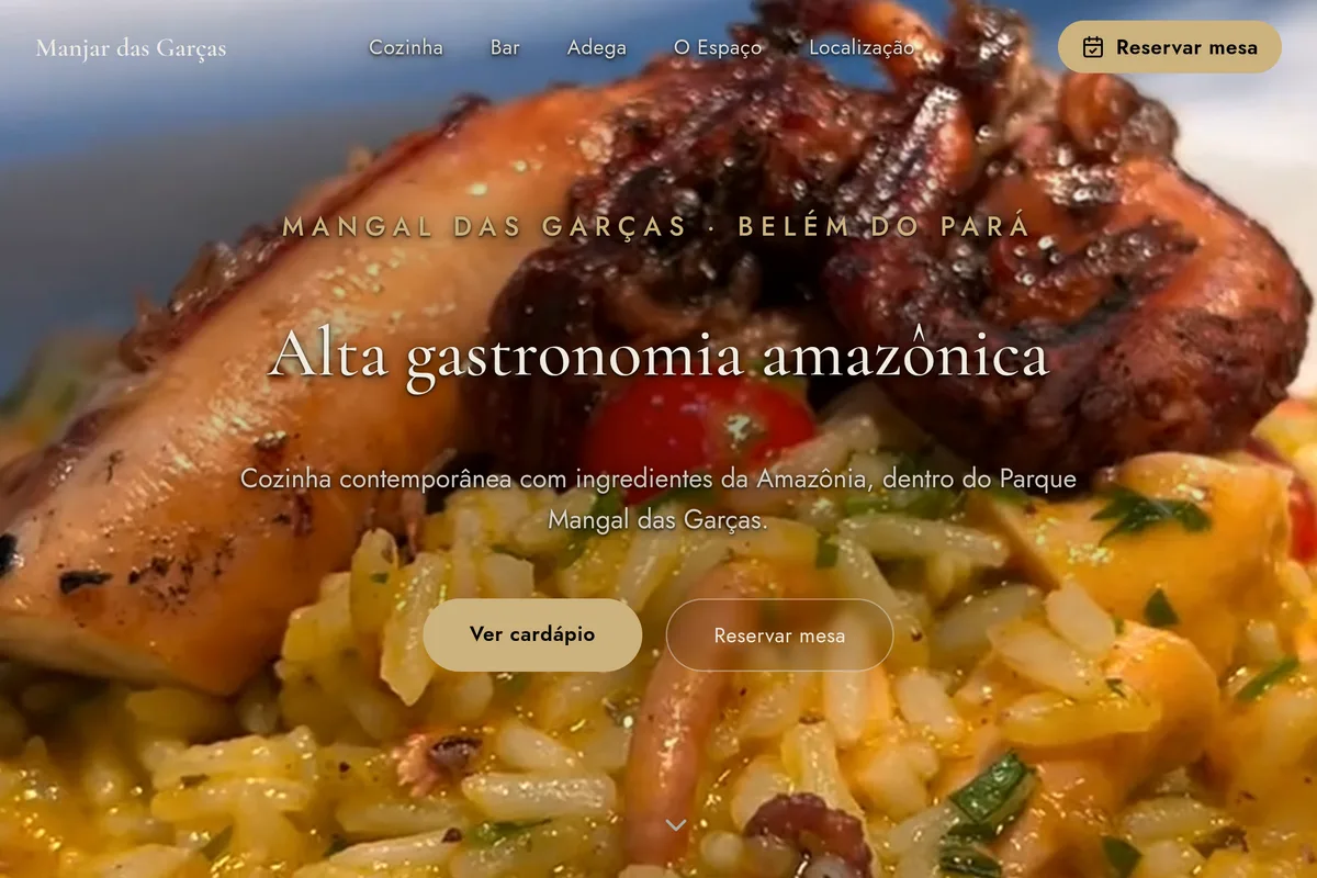 Abertura do site do Manjar das Garças, com vídeo dos pratos e o título Alta gastronomia amazônica