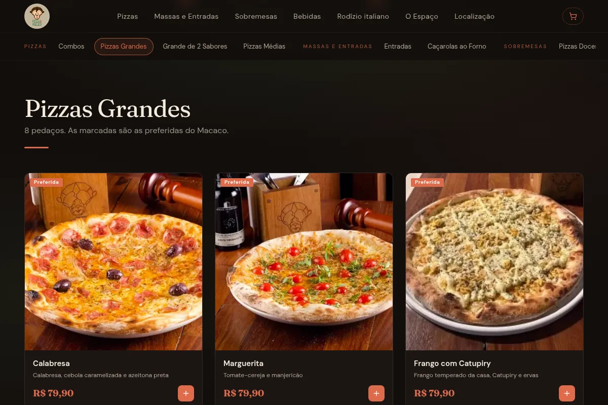 Cardápio da Pizza do Macaco com fotos das pizzas grandes, preços e botão de adicionar ao pedido