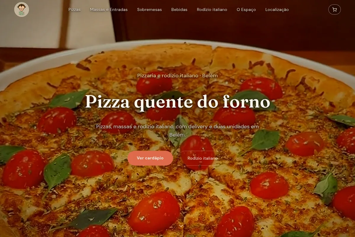 Abertura do site da Pizza do Macaco, com vídeo de pizza saindo do forno e o título Pizza quente do forno